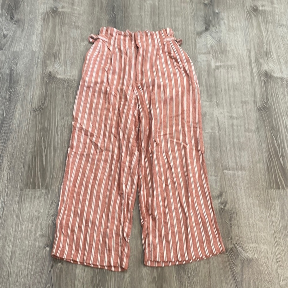 Linen striped pants with paper bag waist